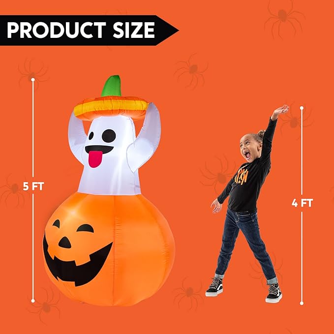 Joiedomi 5 FT Halloween Inflatable Ghost Outdoor Decorations, Blow Up Yard Decorations in Pumpkin, Blow Up Ghost Inflatable with LEDs for Cute Halloween Decor