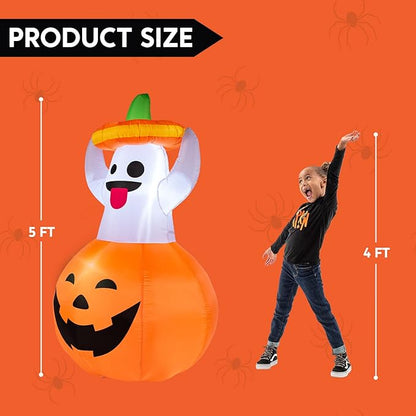 Joiedomi 5 FT Halloween Inflatable Ghost Outdoor Decorations, Blow Up Yard Decorations in Pumpkin, Blow Up Ghost Inflatable with LEDs for Cute Halloween Decor