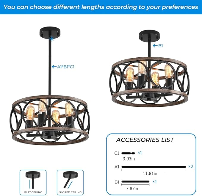 Light Fixtures Ceiling Mount,4-Lights Semi Flush Mount Ceiling Light Fixture,15.7" Black Dining Room Chandelier Rustic Drum Chandelier Pendant Light Fixture with Wood Grain Finish for Kitchen