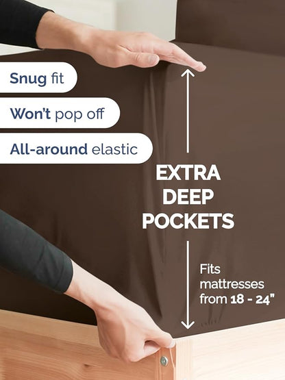 Extra Deep Split King Sheet Set - 7 Piece Breathable & Cooling Sheets - Hotel Luxury Bed Sheets Set - Easy & Secure Fit - Soft, Wrinkle Free & Comfy Sheets Set - Brown Sheet Set w/Extra Deep Pockets