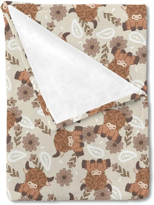 Boho Highland Cow Paisley Floral Baby Blanket Girls Gift, Beige Western Cowgirl Flower Flannel Fleece Nursery Bed Blankets, Soft Lightweight Newborn Infant Toddler Kids Crib Bedding 50 x 60