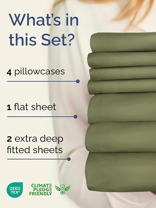 Extra Deep Split King Sheet Set - 7 Piece Breathable & Cooling Sheets - Hotel Luxury Bed Sheets Set - Easy Fit - Soft, Wrinkle Free & Comfy Sheets Set - Sage Green Sheet Set with Extra Deep Pockets
