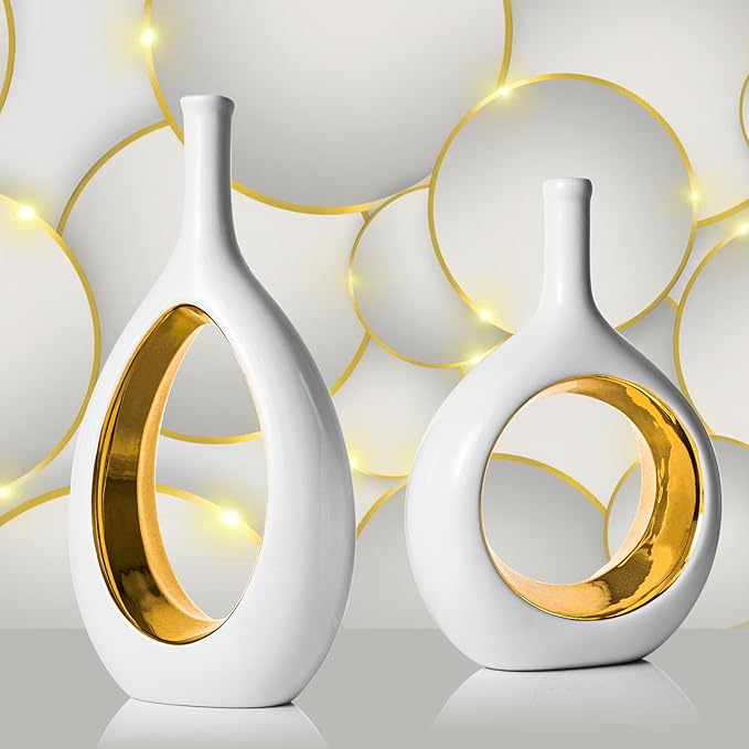 White Gold Ceramic Vase Set 2,Modern Hollow Circle with Hole Flower Vase for Home Decor,for Table Centerpieces,Farmhouse,Fire Place,Living Room,Bedroom,Office,Bookshelf,Rustic Decor