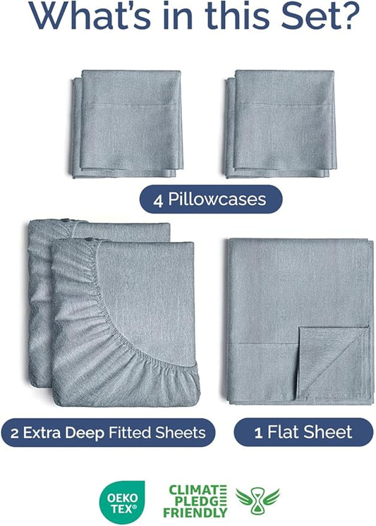 Extra Deep Split King Sheet Set - 7 Piece Breathable & Cooling Sheets - Hotel Luxury Bed Sheets Set - Easy Fit - Soft, Wrinkle Free & Comfy Sheets Set - Heathered Blue Sheet Set w/Extra Deep Pockets