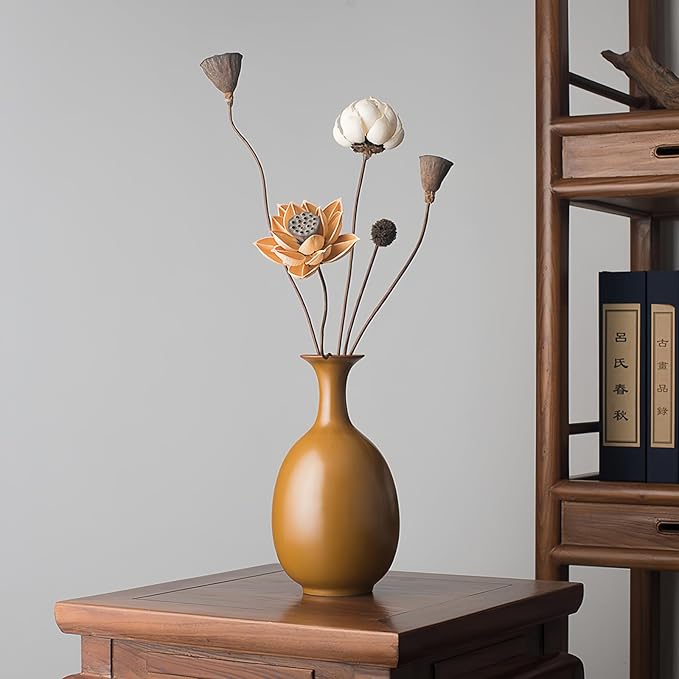 Matte Earth Ceramic Vase with Dried Flowers, Handmade in Jingdezhen, for Modern Home Decor Office Bookshelf Tables Living Room Bedroom Shelf Decor Entryway Dry Flower Arrangement Ornament