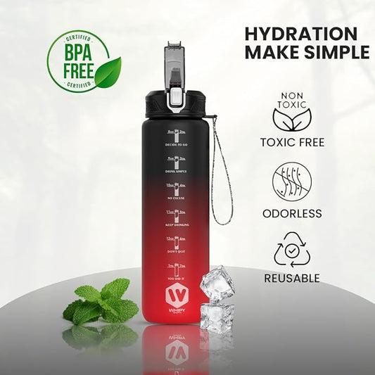 1L Water Bottle with Straw - Leak-Proof & BPA Free Reusable Sports Bottle - Motivational Time Markings for Hydration Durable Drink Bottle for Gym, Sports, Outdoor (Black and Red)