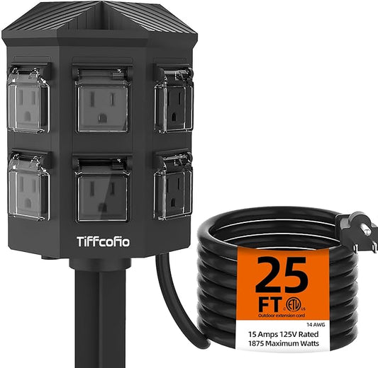 Outdoor Power Strip Weatherproof, 25 FT Extension Cord with Stake, 6 Grounded Outlets for Halloween Decorations and Inflatables, 15A/1875W, ETL Listed