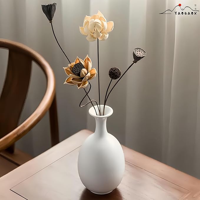 White Ceramic Vase with Dried Flowers, Handmade in Jingdezhen, for Modern Home Decor Office Bookshelf Tables Living Room Bedroom Shelf Decor Entryway Dry Flower Arrangement Ornament