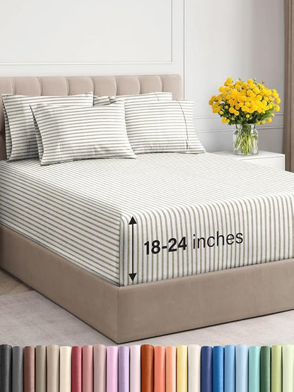 Extra Deep Cal King Sheet Set - 6 Piece Breathable & Cooling Sheets - Hotel Luxury Bed Sheets Set - Easy Fit - Soft, Wrinkle Free & Comfy Sheets Set - Beige Striped Sheet Set with Extra Deep Pockets