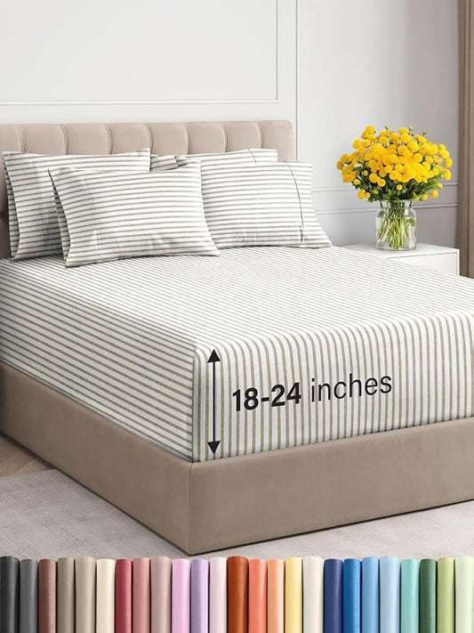 Extra Deep Cal King Sheet Set - 6 Piece Breathable & Cooling Sheets - Hotel Luxury Bed Sheets Set - Easy Fit - Soft, Wrinkle Free & Comfy Sheets Set - Beige Striped Sheet Set with Extra Deep Pockets