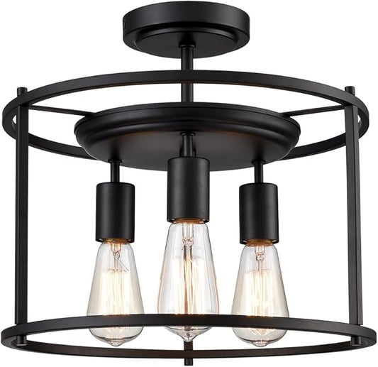 Farmhouse Semi Flush Mount Ceiling Light Industrial Kitchen Ceiling Light Matte Black for Bedroom, Living Room, Hallway, Entryway, Proch