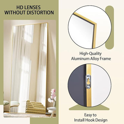 BEAUTYPEAK Full Length Mirror with Stand, 56"x21" Floor Mirror with Aluminum Alloy Thin Frame, ShatterVue Tempered Full Body Mirrors, Free Standing or Wall-Mounted Mirrors for Living Room, Gold