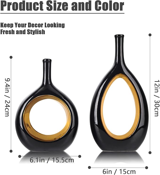 Black Gold Ceramic Vase Set 2,Modern Hollow Circle with Hole Flower Vase for Home Decor,for Table Centerpieces,Farmhouse,Fire Place,Living Room,Bedroom,Office,Bookshelf,Rustic Decor