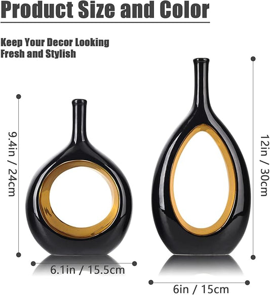Black Gold Ceramic Vase Set 2,Modern Hollow Circle with Hole Flower Vase for Home Decor,for Table Centerpieces,Farmhouse,Fire Place,Living Room,Bedroom,Office,Bookshelf,Rustic Decor