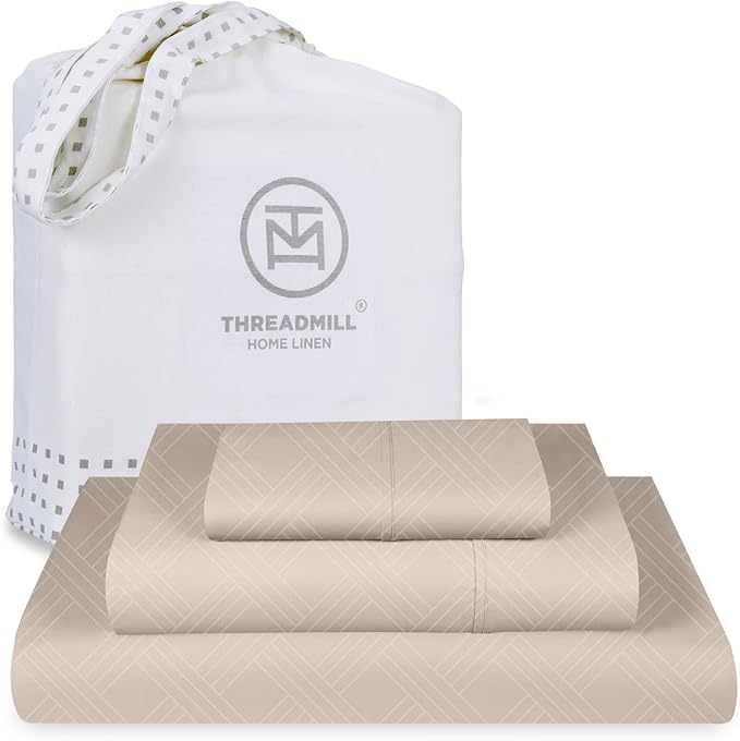 Threadmill Twin Sheets for Twin Mattress | 800 Thread Count Jacquard Celine Light Beige Sheets | 100% Cotton 3 Piece Bed Sheets | Extra Long Staple Cotton | Cotton Sheet with Elasticized Deep Pocket