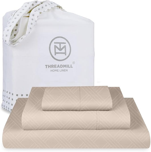 Threadmill Twin Sheets for Twin Mattress | 800 Thread Count Jacquard Celine Light Beige Sheets | 100% Cotton 3 Piece Bed Sheets | Extra Long Staple Cotton | Cotton Sheet with Elasticized Deep Pocket