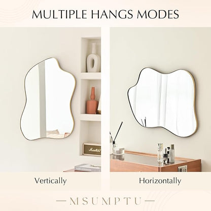 Irregular Wall Mirror Gold Wave Shaped Matel Framed Wall Mirror for Bathroom Bedroom Entryway Living Room Wall Decor 28" L x 20" W 2304Gold