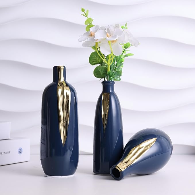 Ceramic Decorative Vases Set of 3, Blue and Gold Vases for Home Decor, centerpieces on Modern Farmhouse Living Room Table Shelves, Office Bookshelf Decorations and Ornaments.
