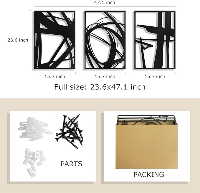 Pinetree Art Black Abstract Metal Wall Art, 3D Textured Metal Wall Sculptures, Hollow Out Design Modern Wall Decor for Living Room Bedroom Home Office (M, 16" x 24" x 3pcs)