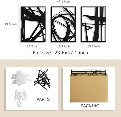 Pinetree Art Black Abstract Metal Wall Art, 3D Textured Metal Wall Sculptures, Hollow Out Design Modern Wall Decor for Living Room Bedroom Home Office (M, 16" x 24" x 3pcs)