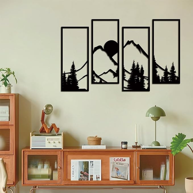 Metal Sunset Mountain Forest Wall Decor Set of 4, Minimalist Line Drawing Large Mountains Wall Art Home Decor for Living Room Bedroom Office…
