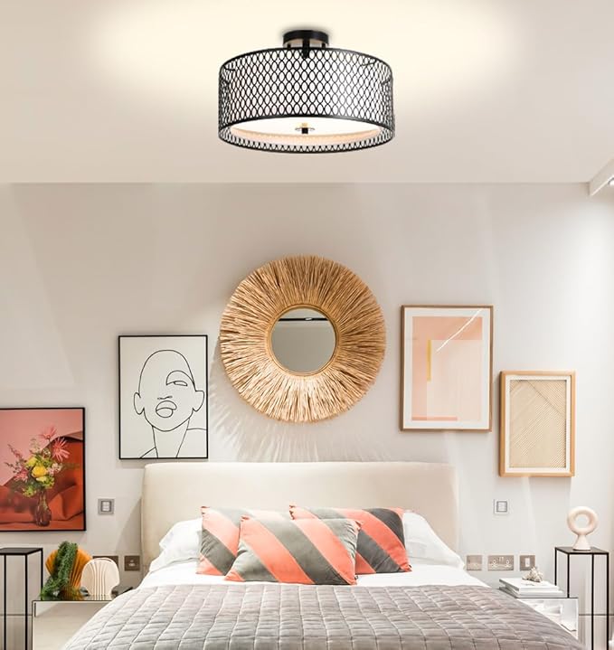 17" Semi Flush Mount Ceiling Light Fixture, Modern 3-Light E26 Double Drum Ceiling Lighting with Matte Black Iron Mesh Cage for Living Room Bedroom Hallway Entryway, Black
