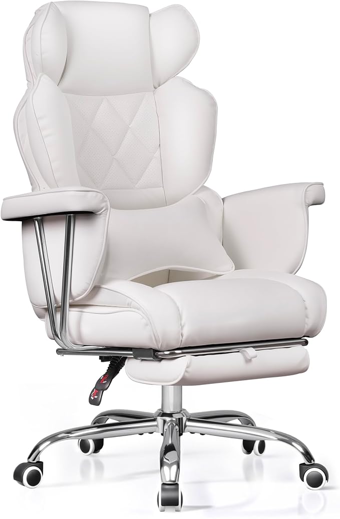 DEVAISE Executive Ergonomic Leather Home Office Chair with Footrest, Comfy Reclining Big and Tall Desk Chair with Lumbar Support, Heavy Duty, SGS Class 4 Gas Lift, White