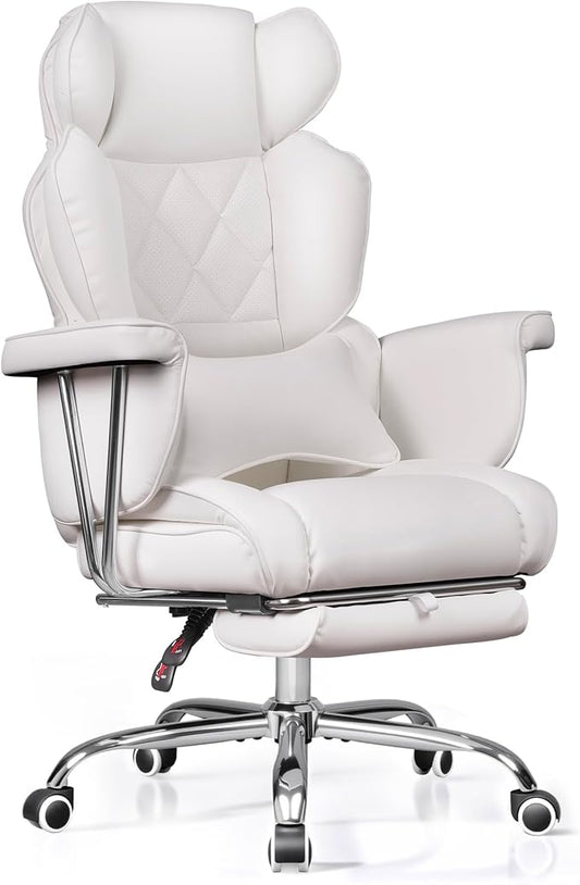 DEVAISE Executive Ergonomic Leather Home Office Chair with Footrest, Comfy Reclining Big and Tall Desk Chair with Lumbar Support, Heavy Duty, SGS Class 4 Gas Lift, White