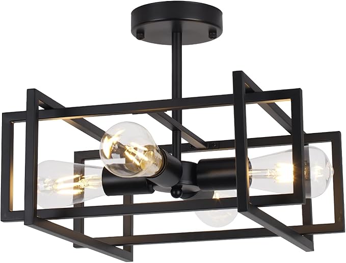 Industrial Semi Flush Mount Ceiling Light Fixture,4-Light Kichen Light Fixture Ceiling Mount,Farmhouse Chandelier,Modern Black Ceiling Light for Dining Room, Bedroom, Hallway