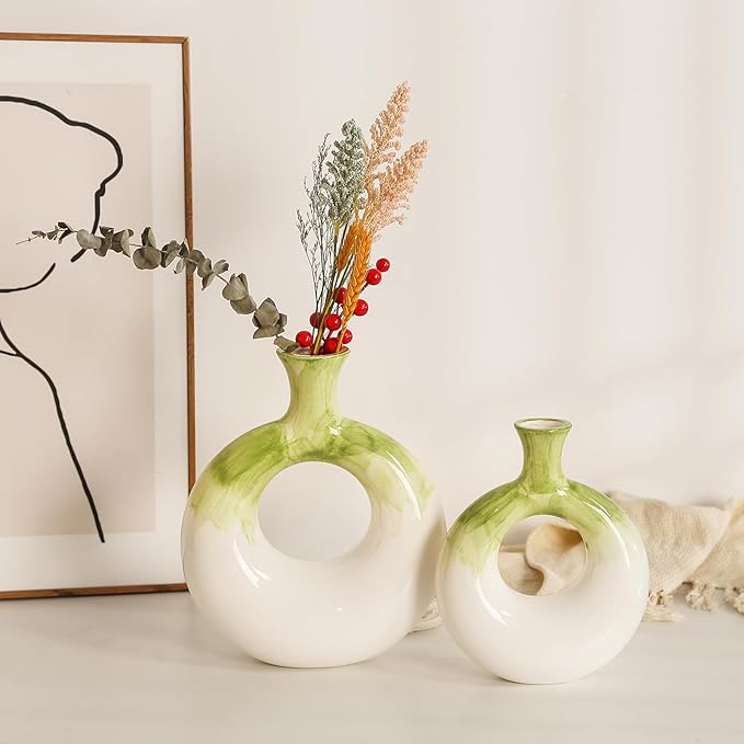 Ceramic Donut Vases Set of 2, Green and White, Perfect for Home Decor, Modern Boho Style, Ideal for Centerpieces and Dinner Tables