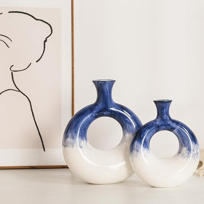 Ceramic Donut Vase Set of 2 - Blue and White Circle Decorative Vases for Home Decor, Centerpieces, Boho Pampas, Office, Wedding, Dinner Table, Living Room - Modern Flower Design