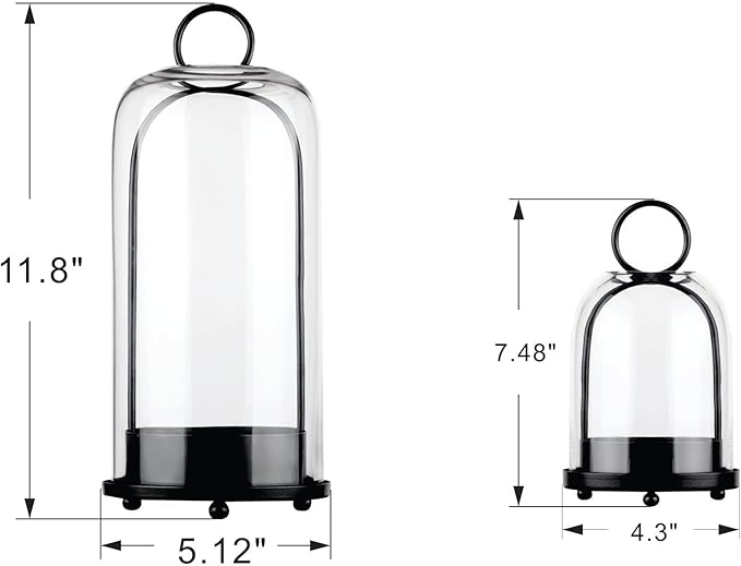 5" & 4" Wide Versatile Metal Candle Holder with Handmade Sturdy Glass Dome in Black for Pillar Candle & Plants, 5.1" xH11.8 4" xH7.5, Industrial, Farmhouse. Modern Style (2, Black, Large & Small)