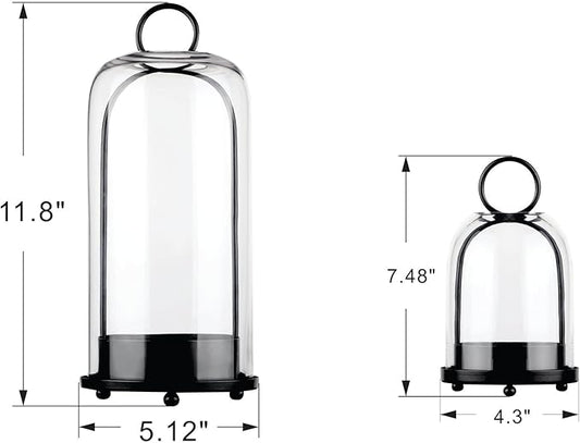 5" & 4" Wide Versatile Metal Candle Holder with Handmade Sturdy Glass Dome in Black for Pillar Candle & Plants, 5.1" xH11.8 4" xH7.5, Industrial, Farmhouse. Modern Style (2, Black, Large & Small)