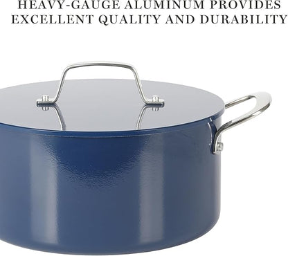 Martha Stewart Galway Premium Nonstick PFA Free Ceramic Interior 10 Piece Heavy Gauge Enamel Aluminum Pots and Pans Cookware Set W/Aluminum Lids - Navy Blue