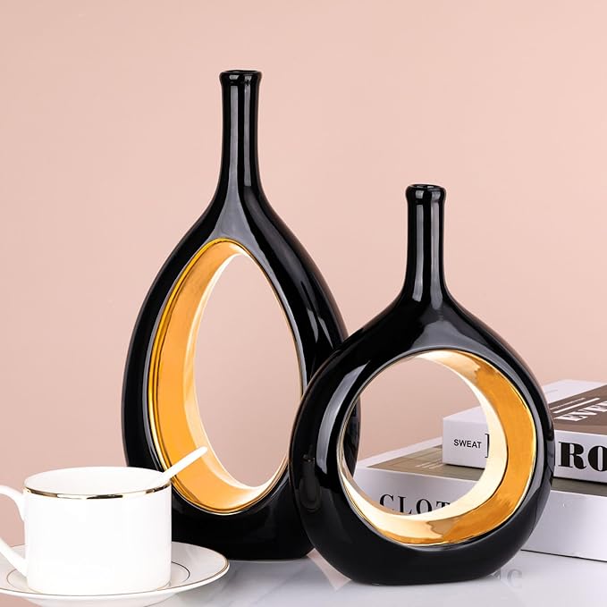 Black Gold Ceramic Vase Set 2,Modern Hollow Circle with Hole Flower Vase for Home Decor,for Table Centerpieces,Farmhouse,Fire Place,Living Room,Bedroom,Office,Bookshelf,Rustic Decor