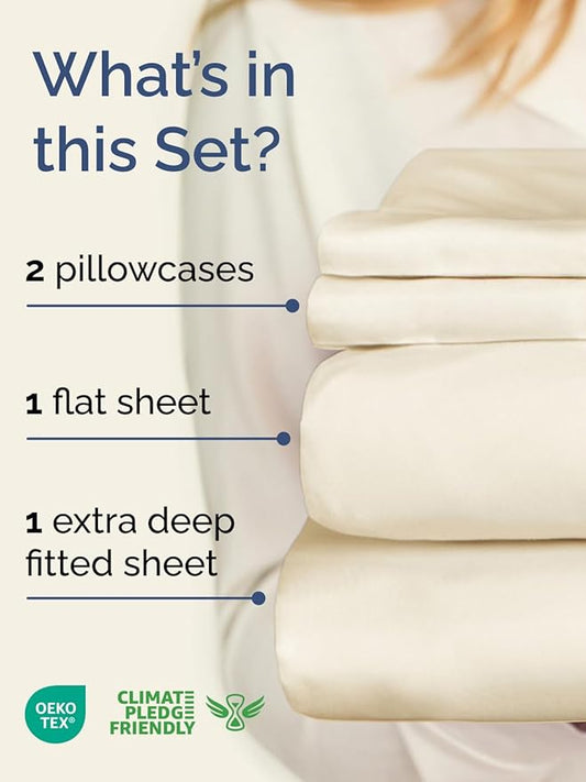 Extra Deep Twin Sheet Set - 4 Piece Breathable & Cooling Sheets - Hotel Luxury Bed Sheets Set - Easy & Secure Fit - Soft, Wrinkle Free & Comfy Sheets Set - Off White Sheet Set with Extra Deep Pockets