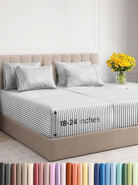 Extra Deep Split King Sheet Set - 7 Piece Breathable & Cooling Sheets - Hotel Luxury Bed Sheets Set - Easy Fit - Soft, Wrinkle Free & Comfy Sheets Set - Grey Striped Sheet Set w/Extra Deep Pockets