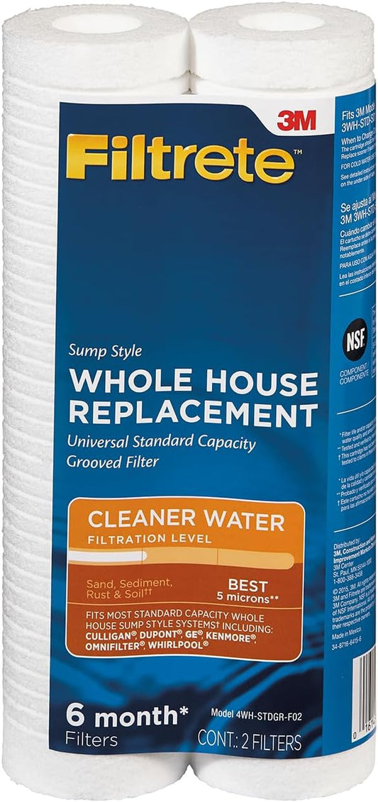 Filtrete Standard Capacity Whole House Grooved Water Filter, 5 Microns, Universal Filter, Sump Style Drop-In Filter, 2-Filters (4WH-STDGR-F02)