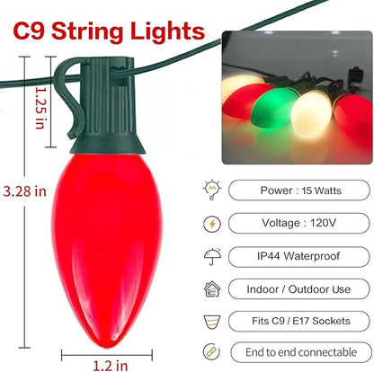 25Ft C9 LED Christmas Lights Outdoor Indoor, Multicolor Red Green White Vintage String Lights, Connectable Holiday Decor for Xmas Tree Wedding Party Patio Porch Yard