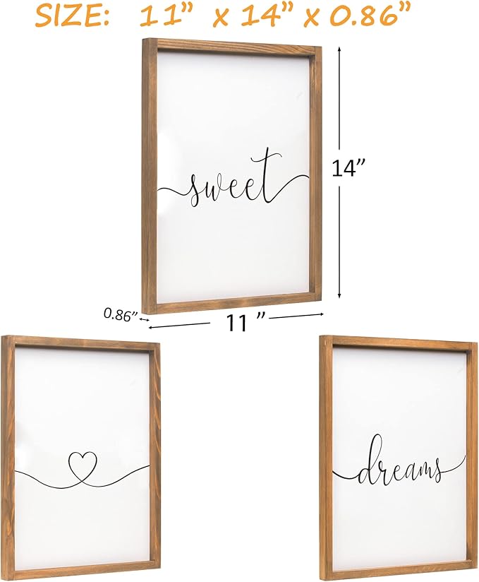 Set of 3 Framed Farmhouse Sweet Dreams Sign 11x14” Above Bed Wall Decor for Bedroom Decor Wall Art Wood Signs (11"x14", Brown)