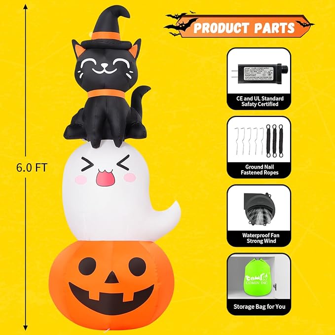 COMIN 6 FT Halloween Inflatables Pumpkin Ghost Cat Combo Outdoor Decorations Blow Up Yard with Built-in LEDs for Indoor Party Garden Lawn Decor