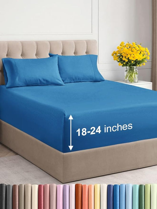 Extra Deep Twin XL Sheet Set - 4 Piece Breathable and Cooling Sheets - Hotel Luxury Bed Sheets Set - Easy Fit - Soft, Wrinkle Free and Comfy Sheets Set - Denim Blue Sheet Set with Extra Deep Pockets