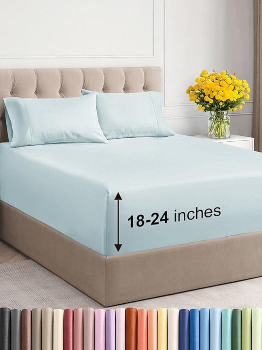 Extra Deep Twin XL Sheet Set - 4 Piece Breathable & Cooling Sheets - Hotel Luxury Bed Sheets Set - Easy & Secure Fit - Soft, Wrinkle Free & Comfy Sheets Set - Ice Blue Sheet Set w/Extra Deep Pockets
