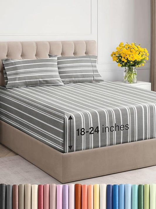 Extra Deep Twin Sheet Set - 4 Piece Breathable and Cooling Sheets - Hotel Luxury Bed Sheets Set - Easy Fit - Soft, Wrinkle Free and Comfy Sheets Set - Grey Striped Sheet Set with Extra Deep Pockets