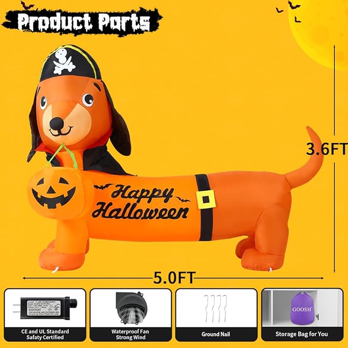 GOOSH 5 FT Halloween Inflatables Outdoor Decorations - Halloween Dog Blow Up Dachshund Inflatable with Build-in LEDs Pumpkin for Decpr Party Indoor Outdoor Yard Garden Lawn