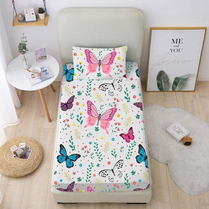 Butterfly Fitted Sheet Set for Kids Girls Teens Colorful Flowers Leaves Bed Sheet Queen Size 3D Print Dreaming Style Sheet Set 3 Piece