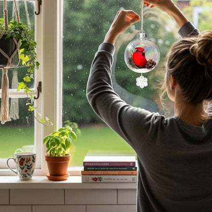 Cardinal Christmas Ornament - Handmade Shatterproof Decorations for Indoor Outdoor Xmas Tree - Clear Ball Ornaments with Magnetic Crystal - Great Gift or Stocking Stuffer for Mom, Sister, Friend