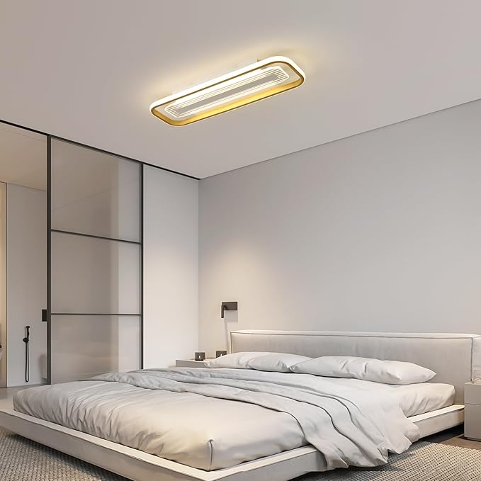 Becailyer Modern Ceiling Light, 62W Dimmable LED Flush Mount Ceiling Lamp, 31.49" Acrylic Linear Chandelier Lighting Close to Ceiling Light Fixture for Living Dining Room Kitchen Bedroom Hallway, Gold
