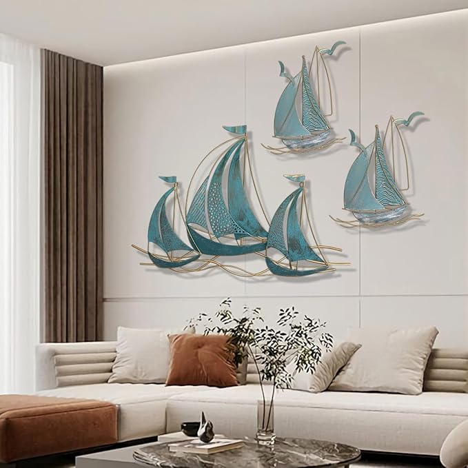 3 PCS Metal Wall Art Large Metal Sailboat Wall Decor, Metal Ship Wall Decorations, Large Metal Ship Wall Decor for Living Room, Bedroom, Modern Home Wall Sculpture for Office, Bedroom