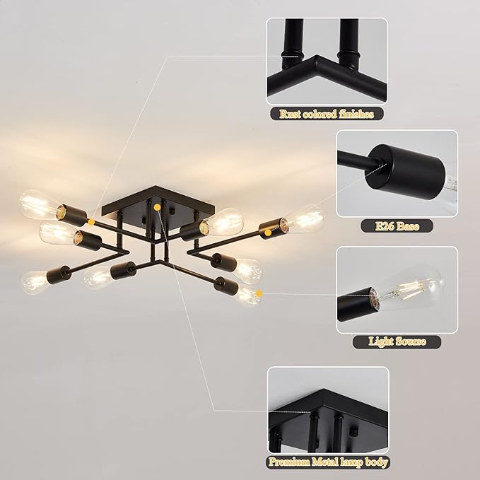 ASGYISA 8-Lights Semi Flush Mount Ceiling Light Fixture Modern Metal Black Sputnik Chandeliers with E26 Bulb Base Close to Ceiling Light for Kitchen Dining Room Living Room Hallway Bedroom